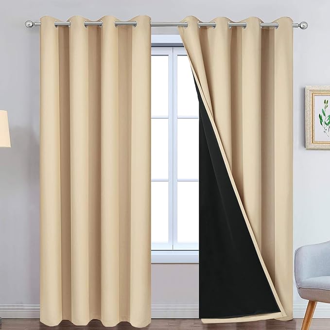 Yakamok Beige 100% Blackout Curtains 90 Inches Long for Bedroom 52" Wide | Blackout Curtain Panels for Bedroom, 2 Thick Layers Grommet Top Thermal Insulated Drapes with Black Liner for Living Room