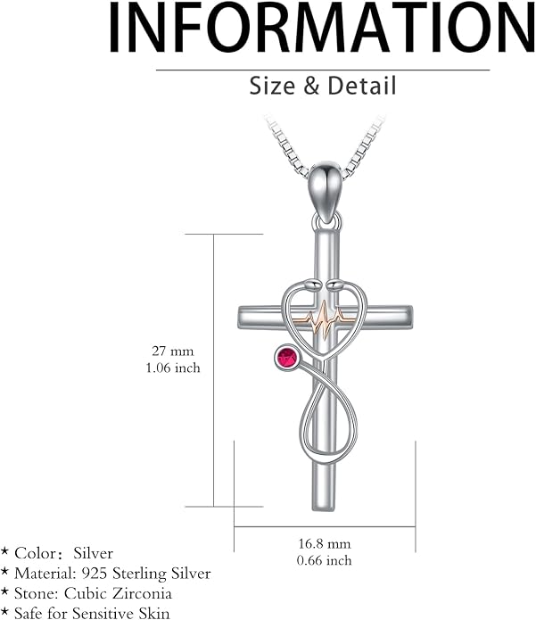 HPQQ Gifts for Nurse Sterling Silver Stethoscope Cross Necklace Nurses Birthstone Jewelry Nursing Themed Medicine Nurses Week Graduation Gifts Doctor Medical Student RN