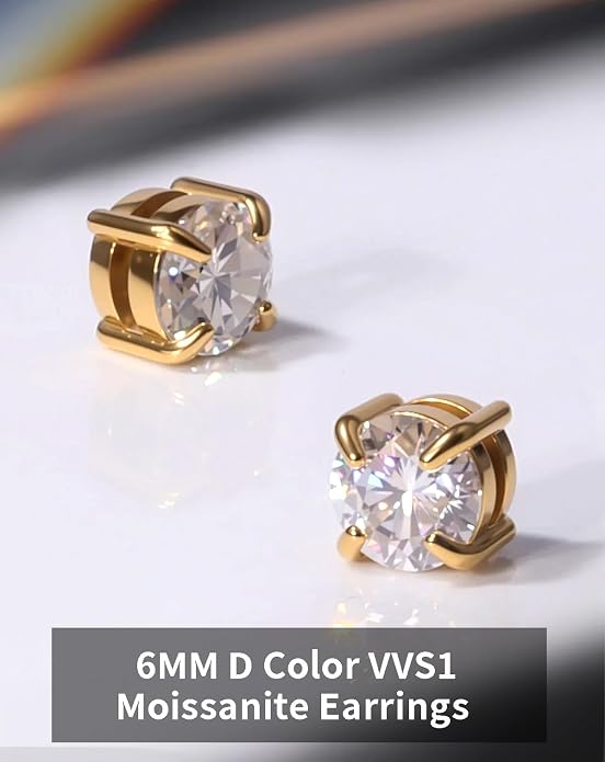 Moissanite Earrings Magnetic Earrings for Men Stainless Steel 14K Gold Plated Non Piercing Ear Clip On Stud Hypoallergenic VVS1 Fake Mens Earring 1.6Carats