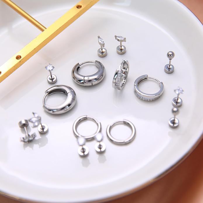 Stainless Steel Stud Earrings Set for Women Hypoallergenic Flat Back Cartilage Earrings Screw Back Huggie Hoop Earrings Multiple Piercing Cubic Zirconia Helix Tragus Jewelry