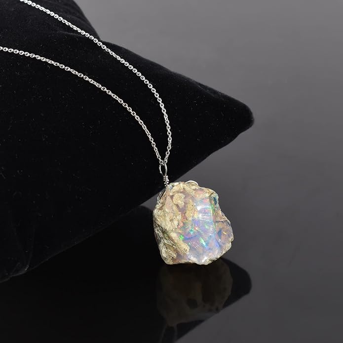 Ultra Fire Raw Ethiopian Opal Rough Dainty Pendant Necklace For Women, Healing Chakra Crystals, Handmade October Birthstone Jewelry, 925 Silver Chain 18 inch, Wedding Gift