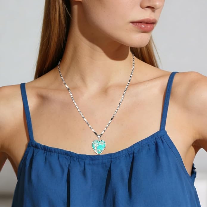 Eusense Tree of Life Necklace for Women White Gold Plated Copper Moonstone/Turquoise/Black Onyx/Crystal Birthstone Pendant Jewelry Gifts for Women Men