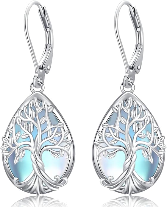 Odinstone 925 Sterling Silver Earrings Tree of Life Teardrop Moonstone Dangle Drop Leverback Earrings for Women
