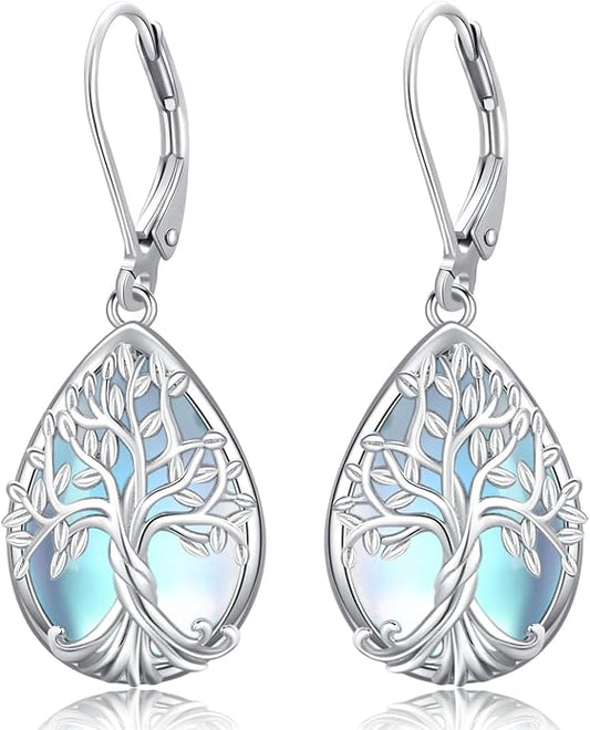 Odinstone 925 Sterling Silver Earrings Tree of Life Teardrop Moonstone Dangle Drop Leverback Earrings for Women