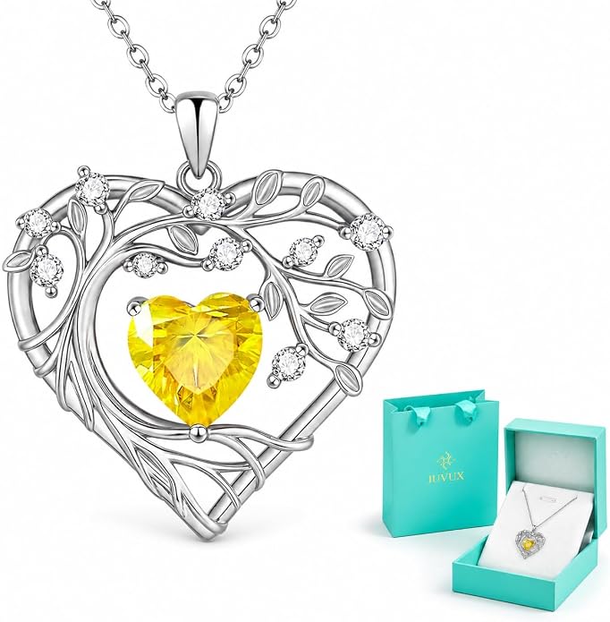 Tree of Life Birthstone Pendant Necklace - 925 Sterling Silver Heart Cubic Zirconia Diamond Women Pendant Necklaces for Her Daughter Girlfriend Birthday Gift Ideas for Wife Mom for Valentines Day
