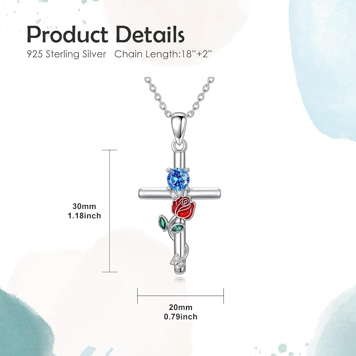 Birthstone Cross Necklace 925 Sterling Silver Rose with Butterfly Birthstone Cross Pendant Necklace Jewelry Gifts for Women Birthday Christmas