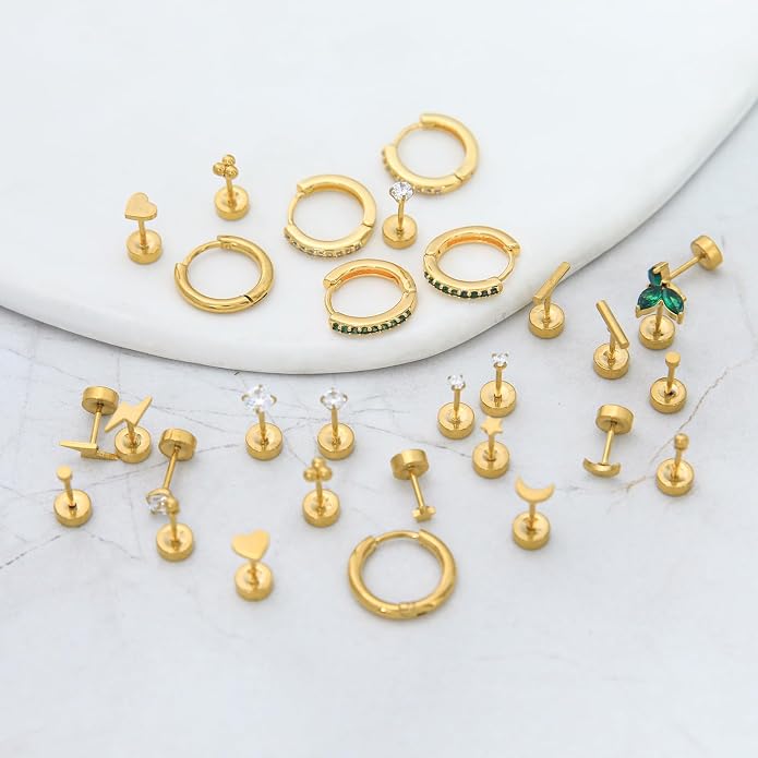 Stainless Steel Stud Earrings Set for Women Hypoallergenic Flat Back Cartilage Earrings Screw Back Huggie Hoop Earrings Multiple Piercing Cubic Zirconia Helix Tragus Jewelry