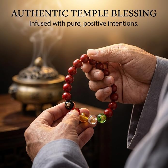 Chinese Feng Shui Bracelet with Amulet Card, Red Cinnabar Money & Wealth Magnet, Good Luck Charms for Energy Protection, Temple Blessed Lucky Stretch Beads Success Gift for Men Women