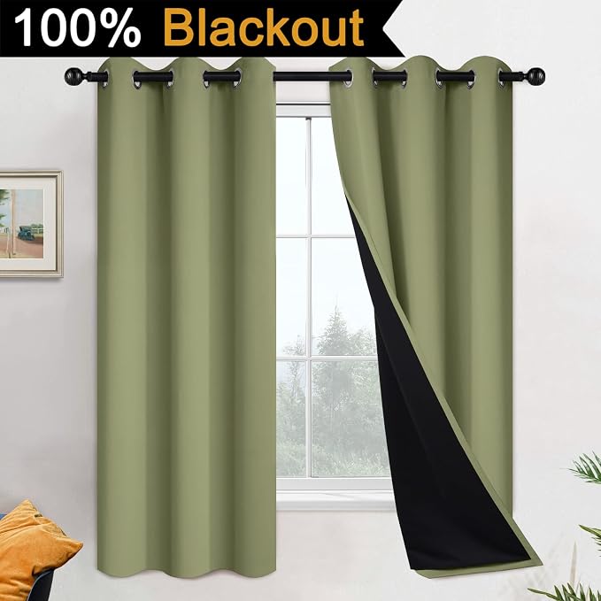 Yakamok Sage Blackout Curtains 63 Inches Long for Bedroom 42" Wide 2 Panel | Blackout Curtain Panels for Bedroom, 2 Thick Layers Grommet Top Thermal Insulated Drapes with Black Liner for Living Room