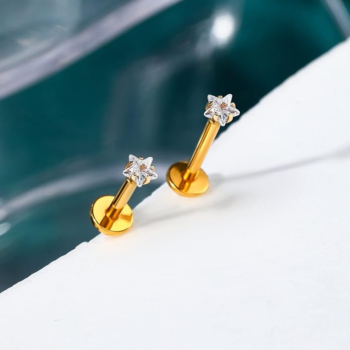 Cocharm 14K Gold Cartilage Earring Stud Yellow Gold Flat Back Helix Stud Push in Tragus Earring