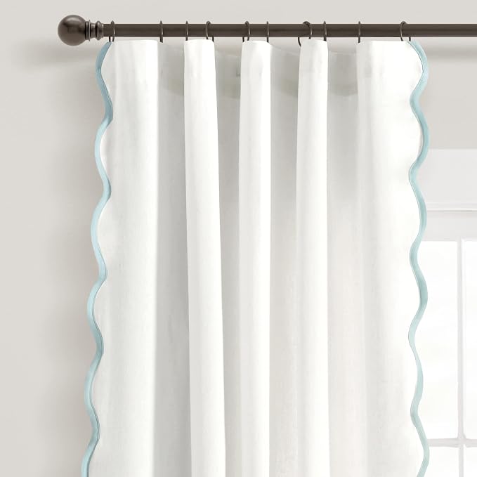 Lush Decor Coastal Chic Scalloped Edge Light Filtering Window Curtain Panels Pair, 52" W x 84" L, Blue & White - White Curtains for Living Room - Coastal Decor