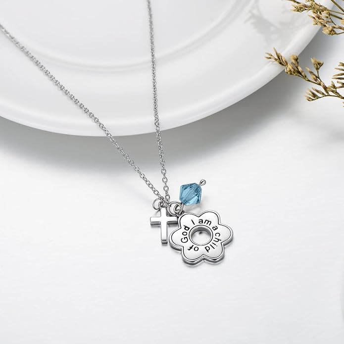 AOBOCO 925 Sterling Silver I Am a Child of God Daisy Necklace Jewelry Birthday Birthday Baptism Communion Gifts for Girls