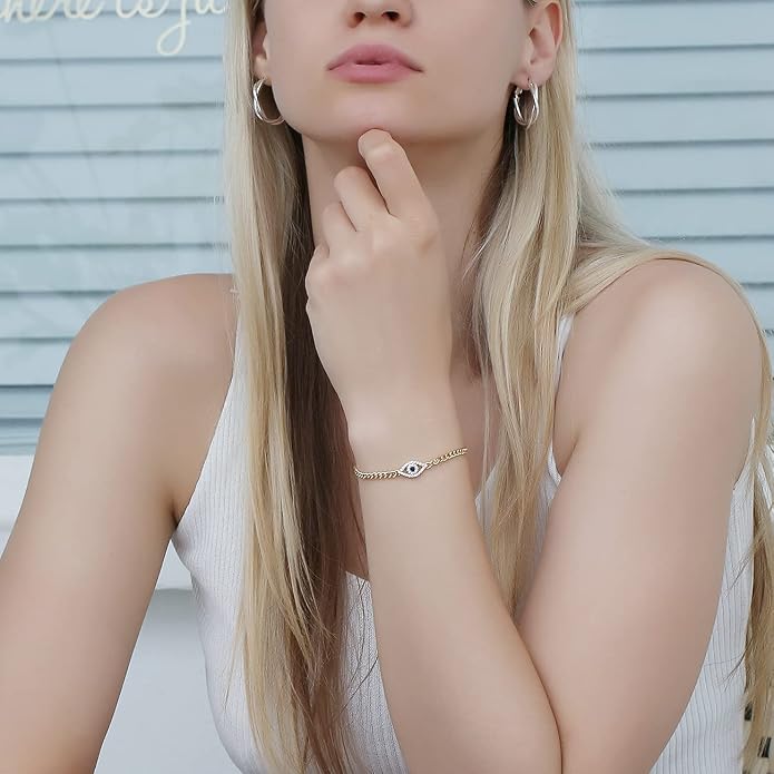 Apsvo Evil Eye Bracelet, Sideway Cross Bracelet, Silver 14K Gold Plated Bracelet for Women Adjustable Slide Chain Jewelry