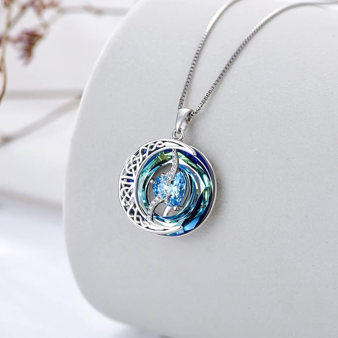 TOUPOP Birthstone Necklace 925 Sterling Silver Moon and Star Pendant Celtic Moon Jewelry with Blue Crystal Anniversary Birthday Gifts for Women Mom Wife Her