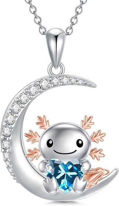 PROESS Animal Birthstone Necklace 925 Sterling Silver Otter/Axolotl/Hippo/Elephant/Dachshund/Monkey/Red Panda Pendant Necklace Animal Birthstone Jewelry Gifts for Women