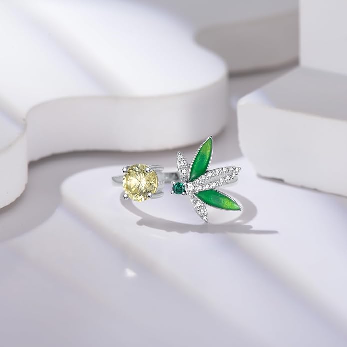 925 Sterling Silver Drangonfly/Butterfly Open Finger Rings Adjustable Dainty Gemstone Sapphire Emerald Green Ring for Women Round/Pear/Princess Engagement Promise Ring