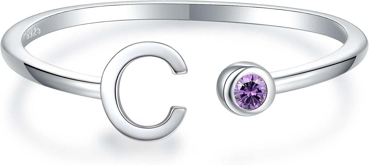 925 Sterling Silver Initial Letter Birthstone Rings for Women Adjustable 1-12 Month Birthstone Alphabet Stacking Ring for Teens Girls Stackable Birthstone Rings Birthday Jewelry Gift for Daughter Mom