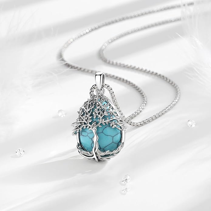 Vito Tree of Life Necklace for Women Men, Silver Plated Copper Teardrop Moonstone/Obsidian/Turquoise/Amethyst/Malachite Crystal Tree Necklace Protection Energy Amulet Jewelry Gift for Mom Wife, 20+2"