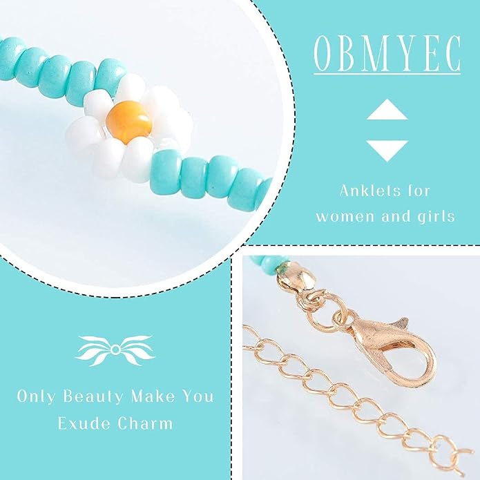 Beaded Chain Ankle Bracelets for Women Waterproof Sunflower Anklets Beachy Vacation Foot Jewelry Gifts
