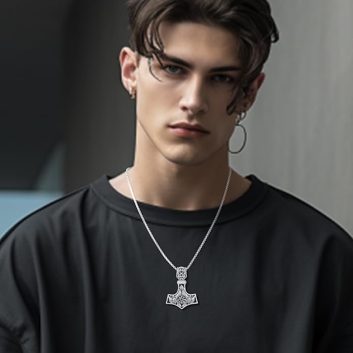 Thors Hammer Necklace - Viking Mjolnir Necklace Nordic Vegvisir Valknut Symbol Pendant 925 Sterling Silver Norwegian Amulet Jewelry Gift for Men Women