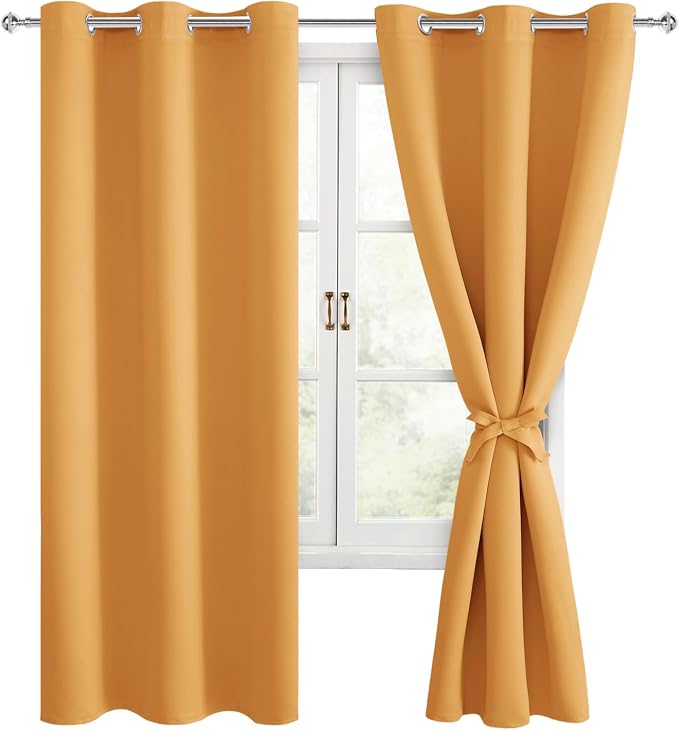 Hiasan Room Darkening Curtains for Bedroom, Noise Reducing, Energy Saving Blackout Window Curtain Panels, Sewn with Tiebacks, Set of 2, Grommet Top (Pumpkin Orange, Width 42 Inch x Length 72 Inch)