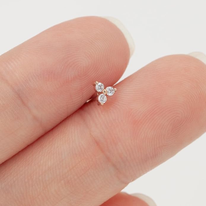 14K Yellow/White/Rose Gold Threadless Earring Top Push in 1 Pcs Triple Clear CZ Flat Back Nose Stud Threadless Cartilage Earring Helix Stud Tragus Piercing Jewelry for Women 6mm/8mm
