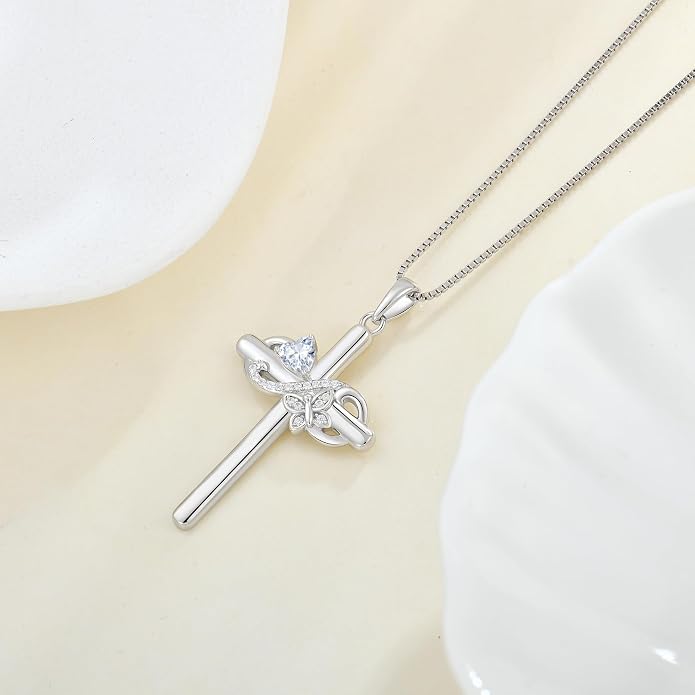Infinity Butterfly Cross Necklace for Women 925 Sterling Silver Christian Religious Crucifix Pendant Birthstone Jewelry Gifts for Her