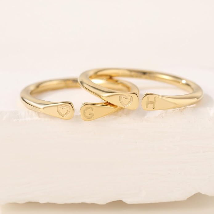 14k Gold Filled Hand Carving Initial Rings for Women Non Tarnish Wedding Heart Shaped Bands for Women