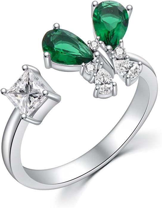 925 Sterling Silver Drangonfly/Butterfly Open Finger Rings Adjustable Dainty Gemstone Sapphire Emerald Green Ring for Women Round/Pear/Princess Engagement Promise Ring