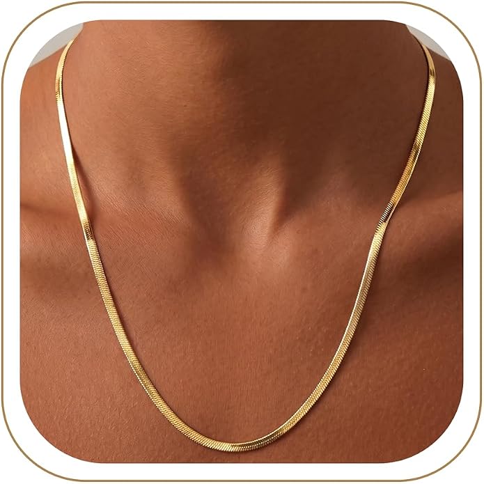 WomenGifts 14K Gold Silver Plated Herringbone Necklace for Women, Dainty Snake Chain Choker, Trendy Simple Long Layered Jewelry Non Tarnish, 3/4/5/8mm,14,16,18,20,22,24,26 Inch Thin & Chunky Options