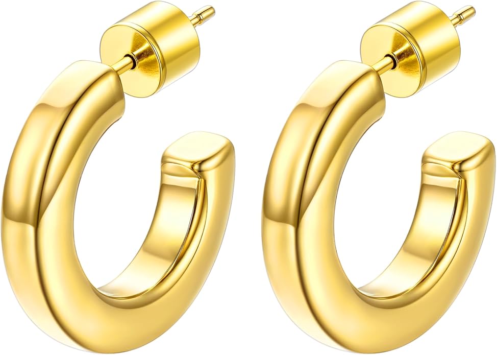 Stainless Steel Chunky Hoop Earrings For Women, Minimalist and Chic, Black/Gold Plated, Round Hoops Earrings Hypoallergenic, Size: 30mm/40mm/60mm/80mm, Come with Box