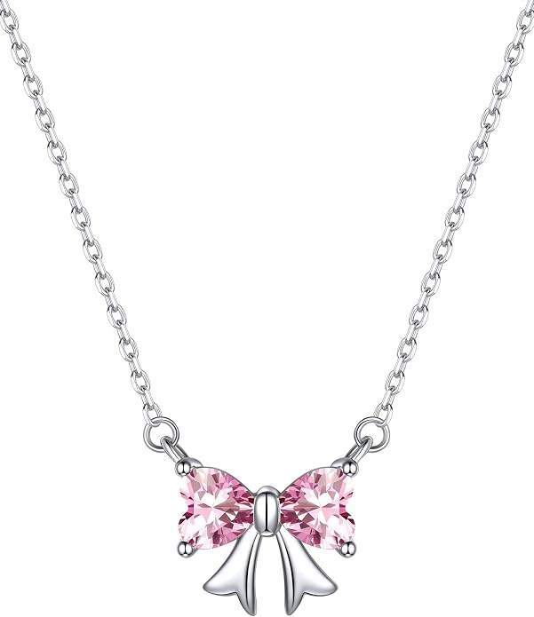 ChicSilver Bow and Cat Birthstone Necklace, 925 Sterling Silver Pendant Necklaces for Women, Hypoallergenic Silver Choker with 16 inch Rolo Chain, 12 Months Jewelry for Valentines Mothers Day Christmas