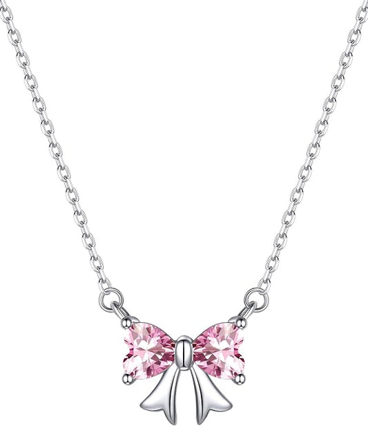 ChicSilver Bow and Cat Birthstone Necklace, 925 Sterling Silver Pendant Necklaces for Women, Hypoallergenic Silver Choker with 16 inch Rolo Chain, 12 Months Jewelry for Valentines Mothers Day Christmas