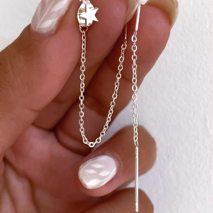 Sterling Silver Threader Chain Earrings for Women Girls Long Chains Tassel Dangle Drop Double Piercing Studs Earring Hypoallergenic Cute Birthday Holiday Travel Accessories Jewelry Gifts