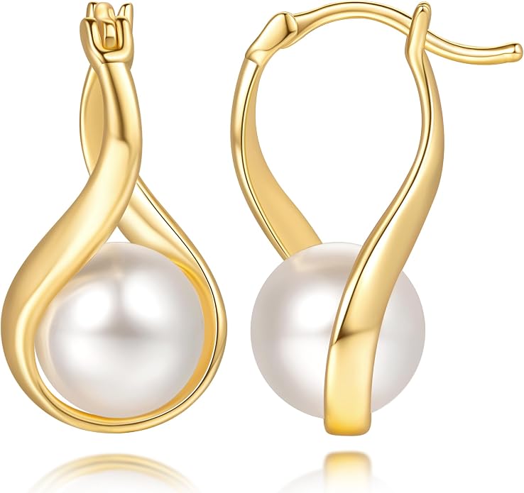 14K Gold Earrings for Women Gold Hoop Earrings Pearl Earrings for Women Hoop Solitaire Teardrop-Shaped with Twisted Lines Eye-catching Pearl Drop Dangle Hoops Earring for Womens 24mm