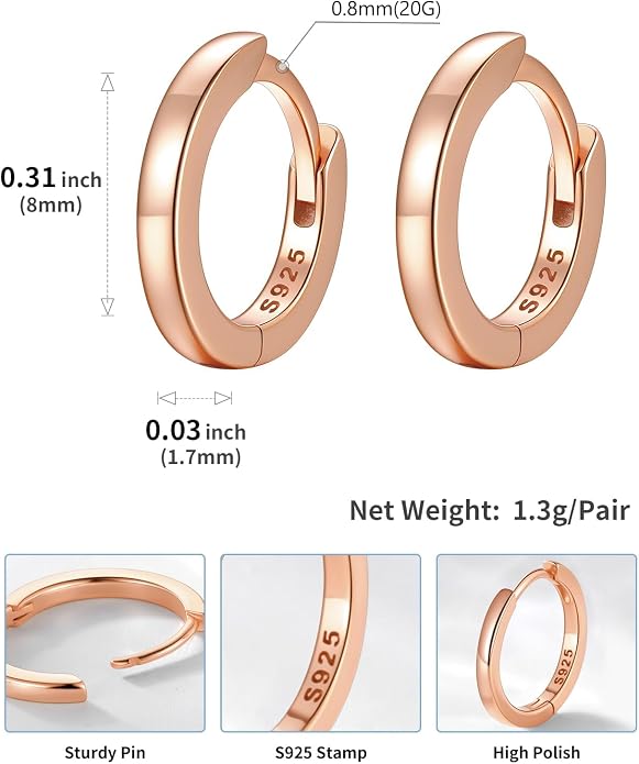 SILVERCUTE 925 Sterling Silver Huggie Hoop Earrings for Women,Hypoallergenic Small Hoop Earrings Lightweight Silver/14K Gold Hoops Cartilage Earrings for Women,8/10/12mm
