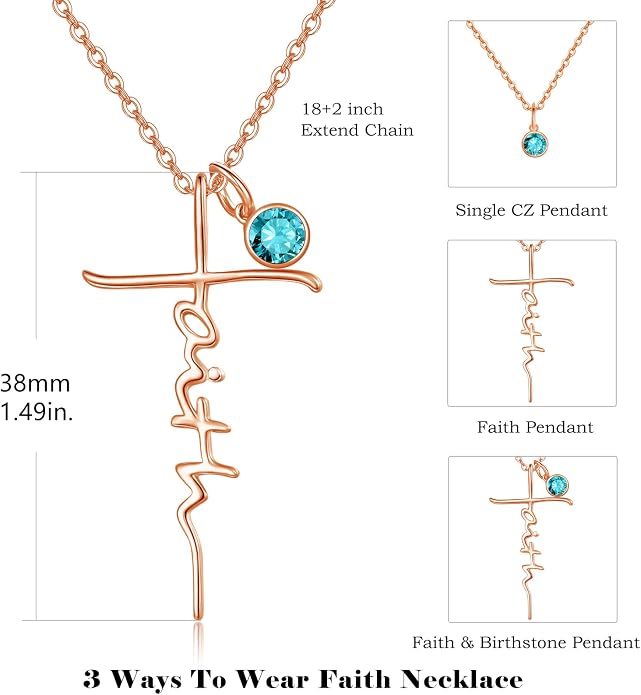 PRAYMOS Faith Cross Necklace for Women 925 Sterling Silver Pendant Necklace With Birthstone Initial Christian Religious Confirmation Baptism Mothers Day Gifts