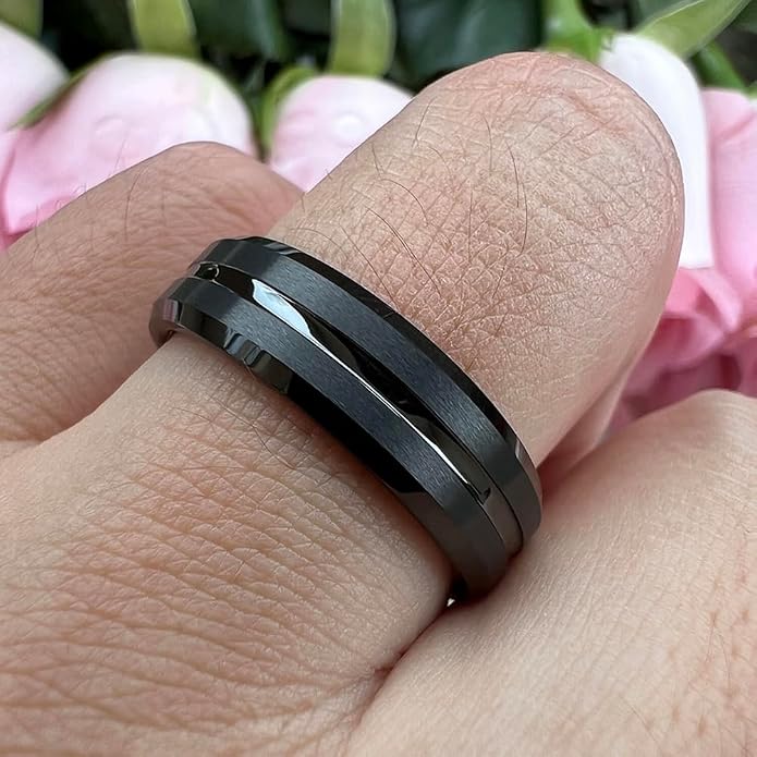 TUTISS 6mm 8mm Silver/Black/Blue/Gunmetal/Gold/Rose Gold Tungsten Rings for Men Women Fashion Engagement Wedding Bands Matte Finish Beveled Edges Comfort Fit