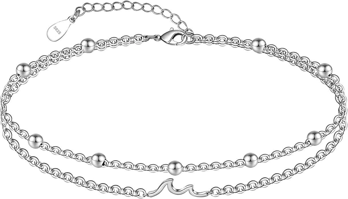 CHIC & ARTSY 925 Sterling Silver Ankle Bracelets for Women, Adjustable Layered Foot Chains with Nature & Symbol Charms, Lightweight Comfort Fit Boho Beach Everyday Jewelry