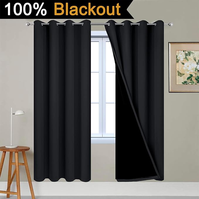 Yakamok Black 100% Blackout Curtains 72 Inches Long for Bedroom 52" Wide | Blackout Curtain Panels for Bedroom, 2 Thick Layers Grommet Top Thermal Insulated Drapes with Black Liner for Living Room