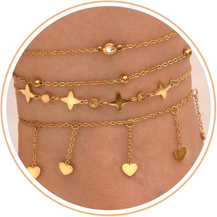 LOFITOR Ankle Bracelets for Women Glitter Waterproof Adjustable Anklet Set for Women 18K Gold Plated Silver Charm Dainty Layered Anklets, Summer Beach Anklet Jewelry for Women