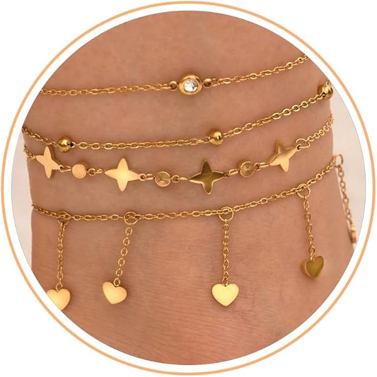 LOFITOR Ankle Bracelets for Women Glitter Waterproof Adjustable Anklet Set for Women 18K Gold Plated Silver Charm Dainty Layered Anklets, Summer Beach Anklet Jewelry for Women