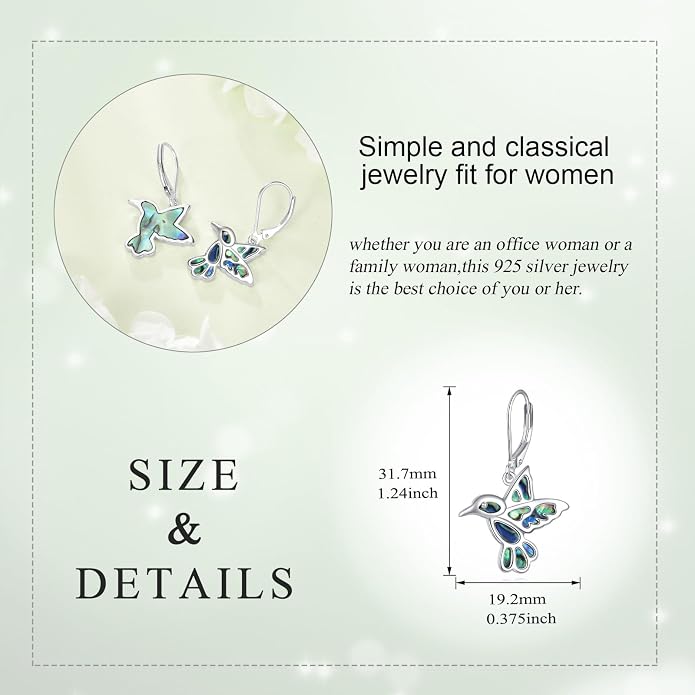 POPLYKE Hummingbird Earrings 925 Sterling Silver Hummingbird Abalone Dangle Drop Earrings Jewelry for Women