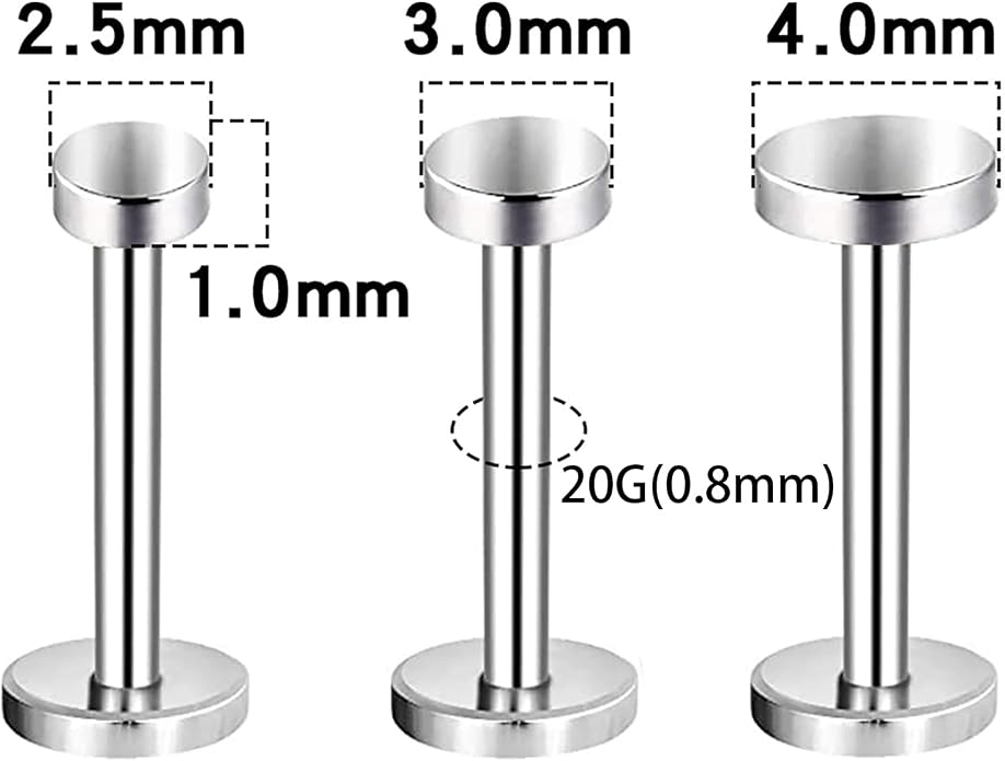 3pcs G23 Titanium 20G/18G/16G 6mm/8mm/10mm/12mm Press Fit Threadless Push Pop 2.5mm 3mm 4mm Flat Top 4mm Flat Back Piercing Lip Stud Earring Labret Monroe Lip Ring Tragus Cartilage Earring Stud