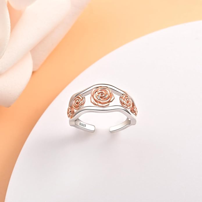 925 Sterling Silver Rose Toe Rings for Women Adjustable Rose Flower Toe Rings Open Toe Rings Summer Beach Foot Jewelry