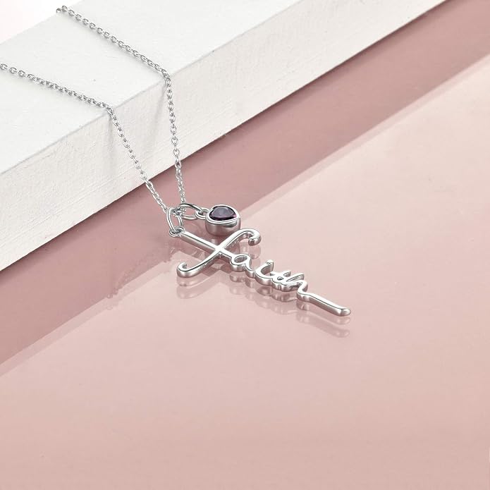 Faith Cross Necklace For Women Birthstone Sterling Silver with Simulated Birthstone Cross Jewelry Christian Gifts