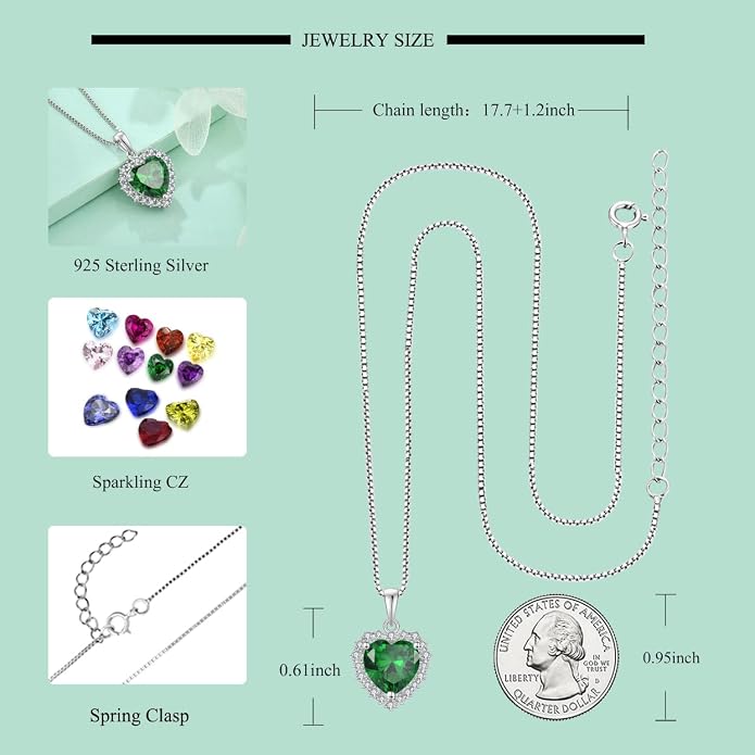 STARCHENIE 925 Sterling Silver Heart Birthstone Pendant Necklace for Women | Genuine 925 silver pendant, heart birthstone, love heart design, 925 silver 18+2" adjustable chain