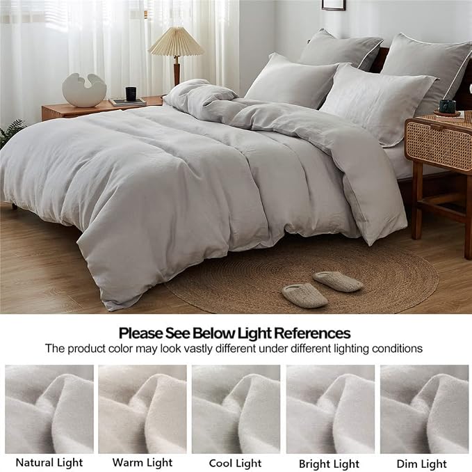 Simple&Opulence 100% Linen Duvet Cover Set 2pcs Basic Style Natural French Washed Flax Solid Color Soft Breathable Farmhouse Bedding with Button Closure - Light Grey, Twin
