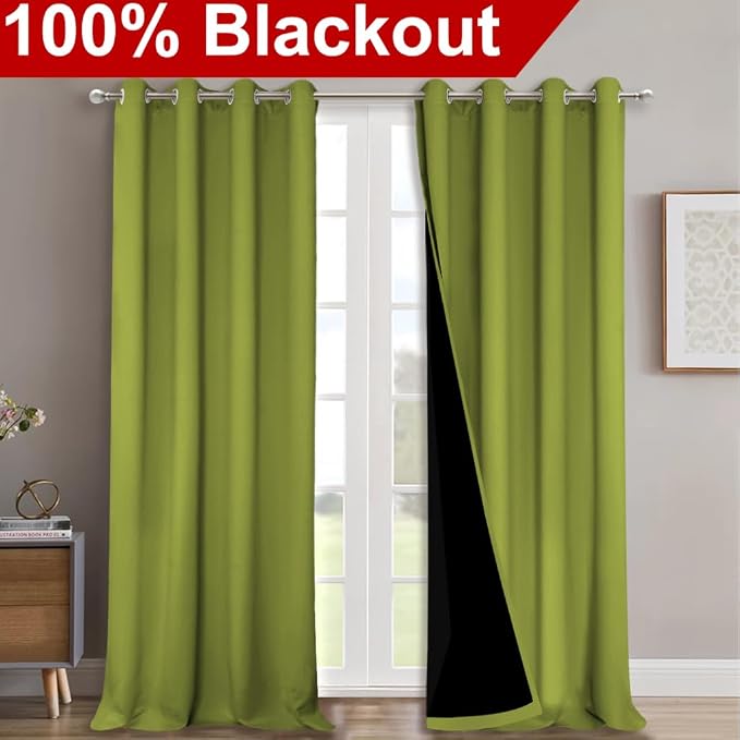 NICETOWN 100% Blackout Blinds, Set of 2, 46" x 96", Fresh Green, Laundry Room Decor Window Treatment Curtains for Large Patio Sliding Door, Thermal Insulated Curtains for Bedroom