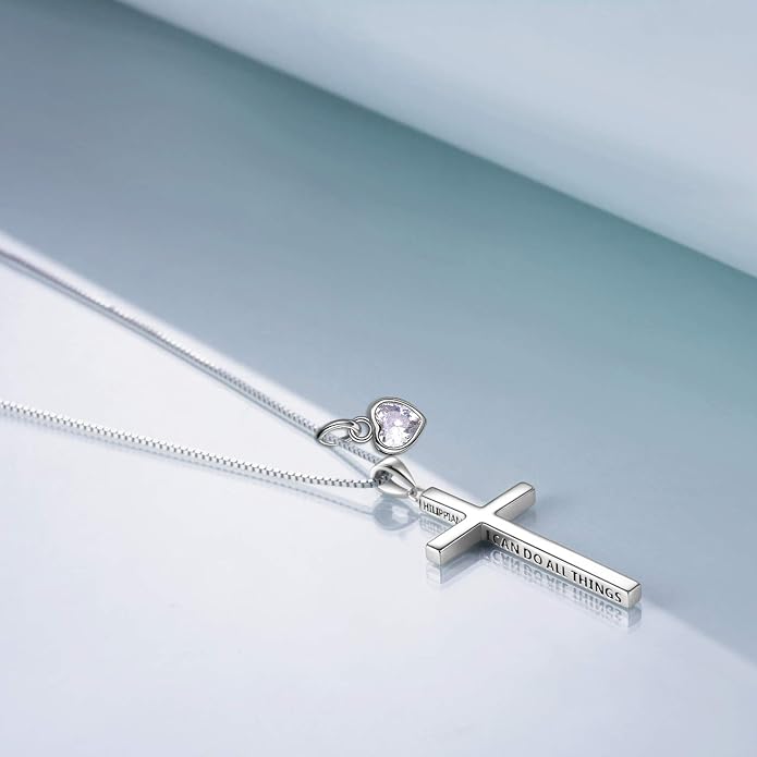 POPLYKE Cross Necklace 925 Sterling Silver Philippians 4:13 I Can Do All The Things Inspirational Necklace Gifts for Women Men 20+2''